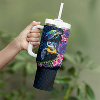 Hawaiian Plumeria and Hibiscus with Turtles Tumbler With Handle Polynesian Art Dark Cyan Color - Polynesian Pride
