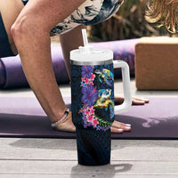 Hawaiian Plumeria and Hibiscus with Turtles Tumbler With Handle Polynesian Art Dark Cyan Color - Polynesian Pride