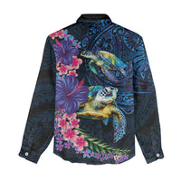 Hawaiian Plumeria and Hibiscus with Turtles Women Casual Shirt Polynesian Art Dark Cyan Color LT03 - Polynesian Pride