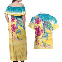 Hawaiian Tropical Plants Turtles Couples Matching Off Shoulder Maxi Dress and Hawaiian Shirt Watercolor Style - Polynesian Pride