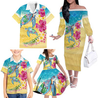 Hawaiian Tropical Plants Turtles Family Matching Off The Shoulder Long Sleeve Dress and Hawaiian Shirt Watercolor Style - Polynesian Pride