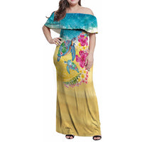 Hawaiian Tropical Plants Turtles Family Matching Off Shoulder Maxi Dress and Hawaiian Shirt Watercolor Style - Polynesian Pride