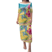 Hawaiian Tropical Plants Turtles Family Matching Puletasi and Hawaiian Shirt Watercolor Style - Polynesian Pride