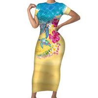 Hawaiian Tropical Plants Turtles Family Matching Short Sleeve Bodycon Dress and Hawaiian Shirt Watercolor Style - Polynesian Pride