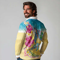 Hawaiian Tropical Plants Turtles Long Sleeve Polo Shirt Watercolor Style - Polynesian Pride