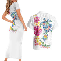Hawaiian Abstract Art Turtles Couples Matching Short Sleeve Bodycon Dress and Hawaiian Shirt with Plumeria and Hibiscus - Polynesian Pride
