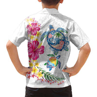 Hawaiian Abstract Art Turtles Family Matching Off Shoulder Maxi Dress and Hawaiian Shirt with Plumeria and Hibiscus - Polynesian Pride