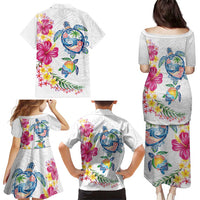 Hawaiian Abstract Art Turtles Family Matching Puletasi and Hawaiian Shirt with Plumeria and Hibiscus - Polynesian Pride