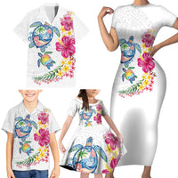 Hawaiian Abstract Art Turtles Family Matching Short Sleeve Bodycon Dress and Hawaiian Shirt with Plumeria and Hibiscus - Polynesian Pride