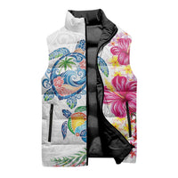 Hawaiian Abstract Art Turtles Sleeveless Puffer Jacket with Plumeria and Hibiscus - Polynesian Pride