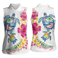 Hawaiian Abstract Art Turtles Women Sleeveless Polo Shirt with Plumeria and Hibiscus - Polynesian Pride