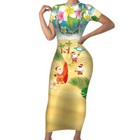 Hawaiian Mele Kalikimaka Family Matching Short Sleeve Bodycon Dress and Hawaiian Shirt Tropical Plumeria and Lei Funny Santa Beach - Polynesian Pride