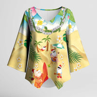 Hawaiian Mele Kalikimaka Kimono Sleeve Blouse Tropical Plumeria and Lei Funny Santa Beach - Polynesian Pride