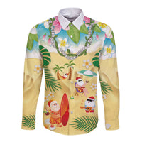 Hawaiian Mele Kalikimaka Long Sleeve Button Shirt Tropical Plumeria and Lei Funny Santa Beach - Polynesian Pride