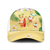 Hawaiian Mele Kalikimaka Mesh Trucker Cap Funny Santa Claus on Beach with Tropical Plants and Lei - Polynesian Pride