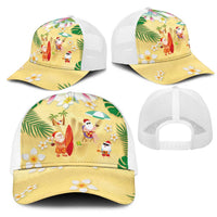 Hawaiian Mele Kalikimaka Mesh Trucker Cap Funny Santa Claus on Beach with Tropical Plants and Lei - Polynesian Pride