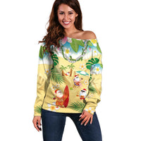 Hawaiian Mele Kalikimaka Off Shoulder Sweater Tropical Plumeria and Lei Funny Santa Beach - Polynesian Pride