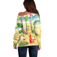 Hawaiian Mele Kalikimaka Off Shoulder Sweater Tropical Plumeria and Lei Funny Santa Beach - Polynesian Pride