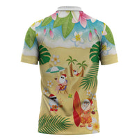 Hawaiian Mele Kalikimaka Zipper Polo Shirt Tropical Plumeria and Lei Funny Santa Beach - Polynesian Pride