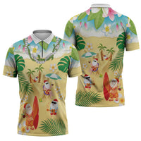 Hawaiian Mele Kalikimaka Zipper Polo Shirt Tropical Plumeria and Lei Funny Santa Beach - Polynesian Pride