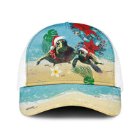 Hawaiian Mele Kalikimaka Baseball Net Cap Xmas Turtles and Tropical Plants with Red Poinsettia Watercolor Style - Polynesian Pride