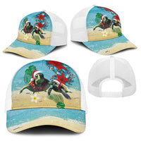 Hawaiian Mele Kalikimaka Baseball Net Cap Xmas Turtles and Tropical Plants with Red Poinsettia Watercolor Style - Polynesian Pride