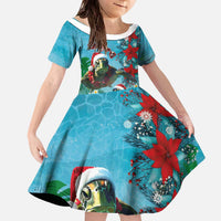 Hawaiian Mele Kalikimaka Family Matching Off The Shoulder Long Sleeve Dress and Hawaiian Shirt Tropical Xmas Turtles Red Poinsettia Watercolor - Polynesian Pride