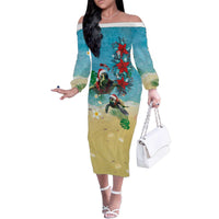 Hawaiian Mele Kalikimaka Family Matching Off The Shoulder Long Sleeve Dress and Hawaiian Shirt Tropical Xmas Turtles Red Poinsettia Watercolor - Polynesian Pride