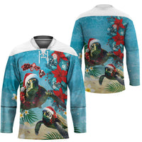 Hawaiian Mele Kalikimaka Hockey Jersey Tropical Xmas Turtles Red Poinsettia Watercolor - Polynesian Pride