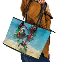 Hawaiian Mele Kalikimaka Leather Tote Bag Tropical Xmas Turtles Red Poinsettia Watercolor - Polynesian Pride