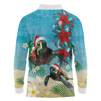 Hawaiian Mele Kalikimaka Long Sleeve Polo Shirt Tropical Xmas Turtles Red Poinsettia Watercolor - Polynesian Pride
