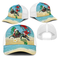 Hawaiian Mele Kalikimaka Mesh Trucker Cap Xmas Turtles and Tropical Plants with Red Poinsettia Watercolor Style - Polynesian Pride