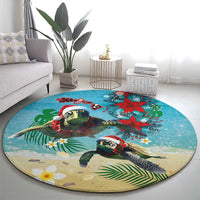 Hawaiian Mele Kalikimaka Round Carpet Tropical Xmas Turtles Red Poinsettia Watercolor - Polynesian Pride