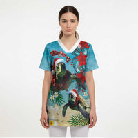 Hawaiian Mele Kalikimaka Scrub Top Tropical Xmas Turtles Red Poinsettia Watercolor - Polynesian Pride