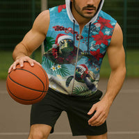 Hawaiian Mele Kalikimaka Sleeveless Zip Hoodie Tropical Xmas Turtles Red Poinsettia Watercolor - Polynesian Pride