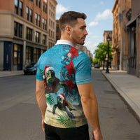 Hawaiian Mele Kalikimaka Zipper Polo Shirt Tropical Xmas Turtles Red Poinsettia Watercolor - Polynesian Pride