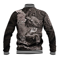 Hawaiian Plumeria and Hibiscus with Turtles Baseball Jacket Polynesian Art Grayscale - Polynesian Pride