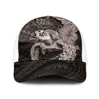 Hawaiian Plumeria and Hibiscus with Turtles Baseball Net Cap Polynesian Art Grayscale LT03 One Size White Black - Polynesian Pride