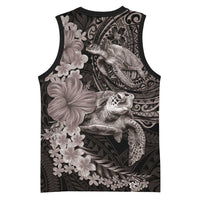 Hawaiian Plumeria and Hibiscus with Turtles Basketball Jersey Polynesian Art Grayscale - Polynesian Pride
