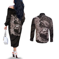 Hawaiian Plumeria and Hibiscus with Turtles Couples Matching Off The Shoulder Long Sleeve Dress and Long Sleeve Button Shirt Polynesian Art Grayscale - Polynesian Pride