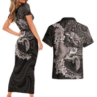 Hawaiian Plumeria and Hibiscus with Turtles Couples Matching Short Sleeve Bodycon Dress and Hawaiian Shirt Polynesian Art Grayscale - Polynesian Pride