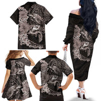 Hawaiian Plumeria and Hibiscus with Turtles Family Matching Off The Shoulder Long Sleeve Dress and Hawaiian Shirt Polynesian Art Grayscale - Polynesian Pride