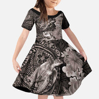 Hawaiian Plumeria and Hibiscus with Turtles Family Matching Off Shoulder Maxi Dress and Hawaiian Shirt Polynesian Art Grayscale - Polynesian Pride