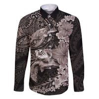 Hawaiian Plumeria and Hibiscus with Turtles Family Matching Off Shoulder Short Dress and Hawaiian Shirt Polynesian Art Grayscale - Polynesian Pride