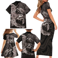 Hawaiian Plumeria and Hibiscus with Turtles Family Matching Short Sleeve Bodycon Dress and Hawaiian Shirt Polynesian Art Grayscale - Polynesian Pride