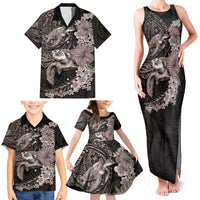 Hawaiian Plumeria and Hibiscus with Turtles Family Matching Tank Maxi Dress and Hawaiian Shirt Polynesian Art Grayscale - Polynesian Pride