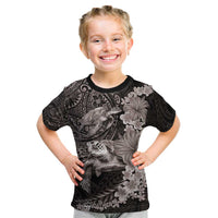 Hawaiian Plumeria and Hibiscus with Turtles Kid T Shirt Polynesian Art Grayscale - Polynesian Pride