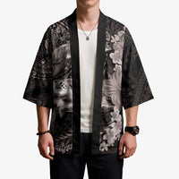 Hawaiian Plumeria and Hibiscus with Turtles Kimono Polynesian Art Grayscale - Polynesian Pride
