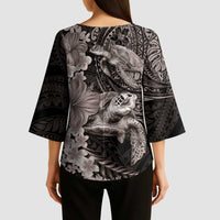 Hawaiian Plumeria and Hibiscus with Turtles Kimono Sleeve Blouse Polynesian Art Grayscale - Polynesian Pride