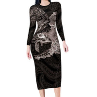 Hawaiian Plumeria and Hibiscus with Turtles Long Sleeve Bodycon Dress Polynesian Art Grayscale - Polynesian Pride